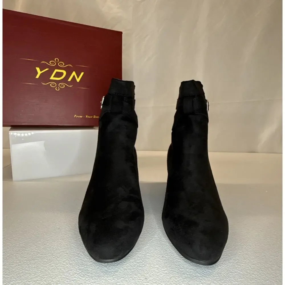 YDN Black Suede Boots Buckle Wrap Strap Block Heel Booties Women’s Size 8